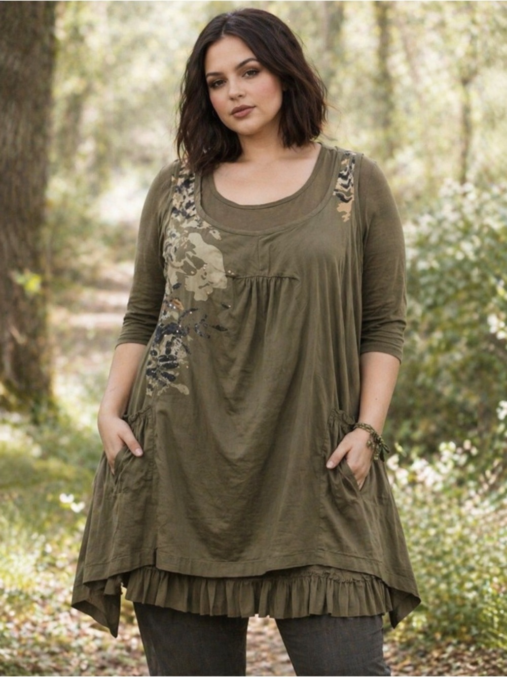 Lagenlook Whimsical  Goblincore Dark Fairy Olive‎ Tunic Dress Embellished 18W